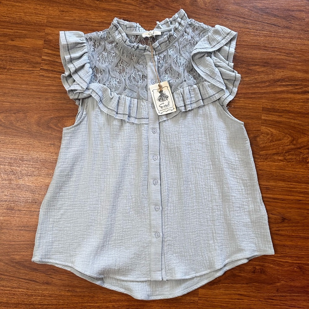 NWT Easel Light Blue Lace Ruffle Blouse